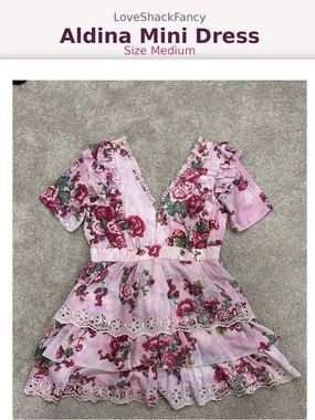 LoveShackFancy Pink Rose Print Tiered Lace Mini Dress